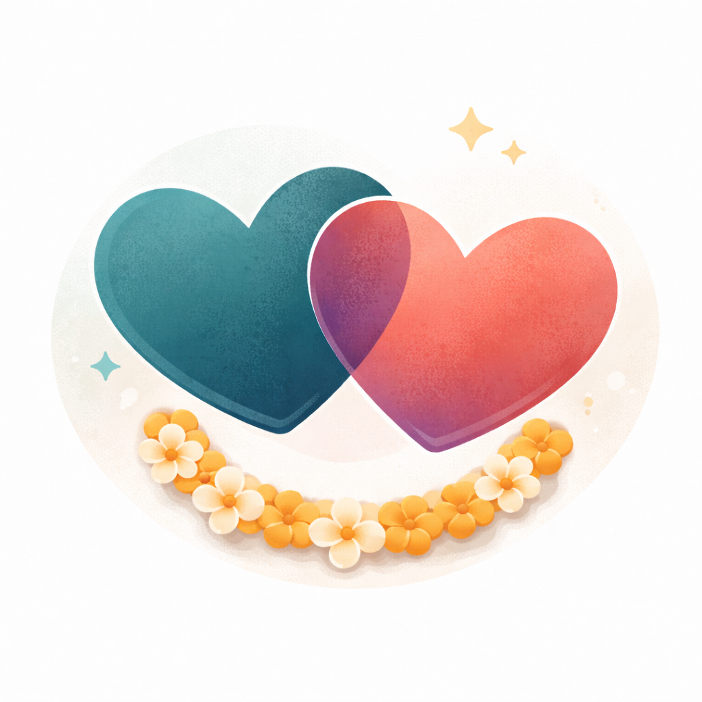 Two overlapping hearts with lei garland