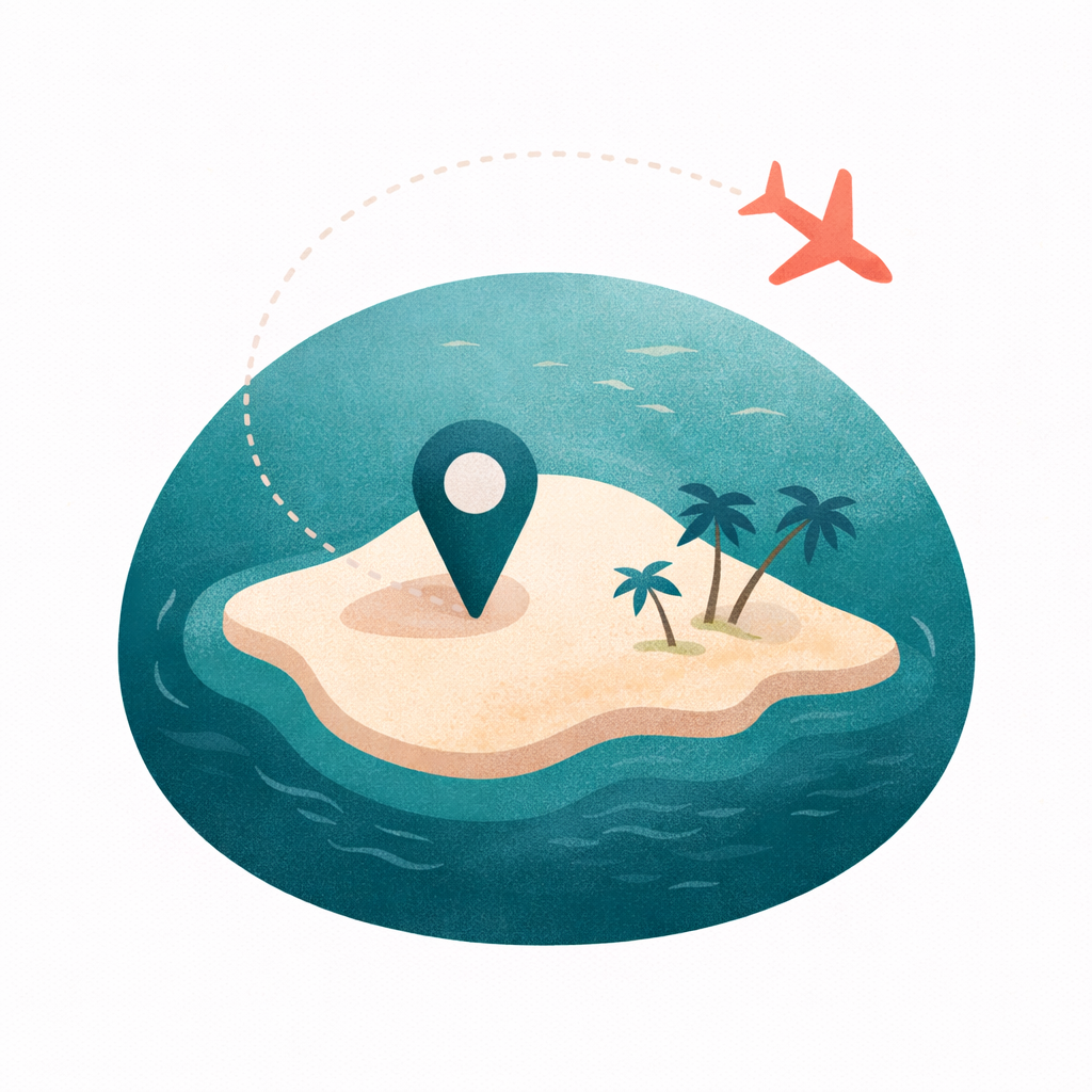 Island with map pin and arriving airplane